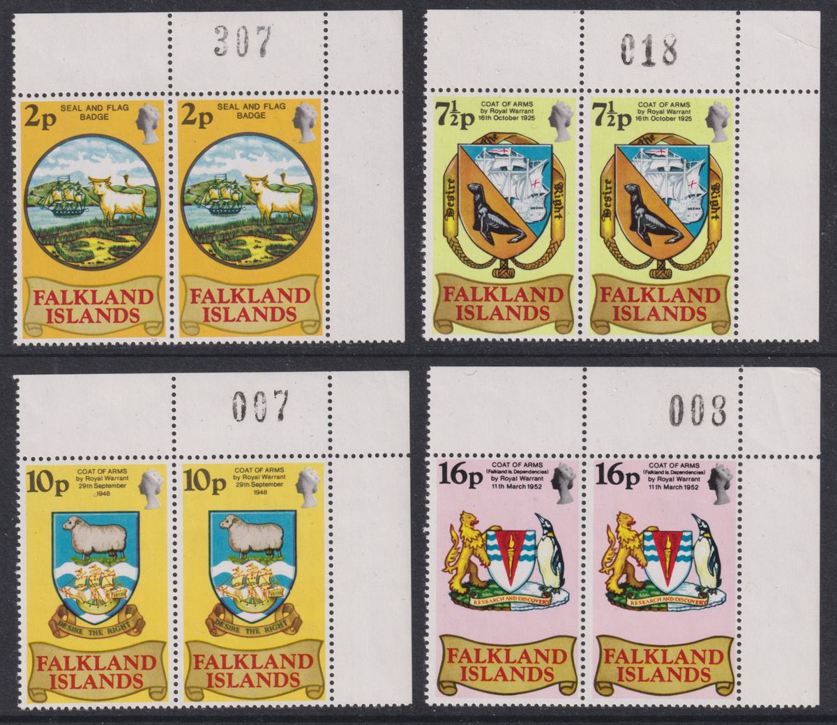 Falkland Islands 1975 QEII Heraldic Arms Sheet No Pairs Set UM Mint SG311-314