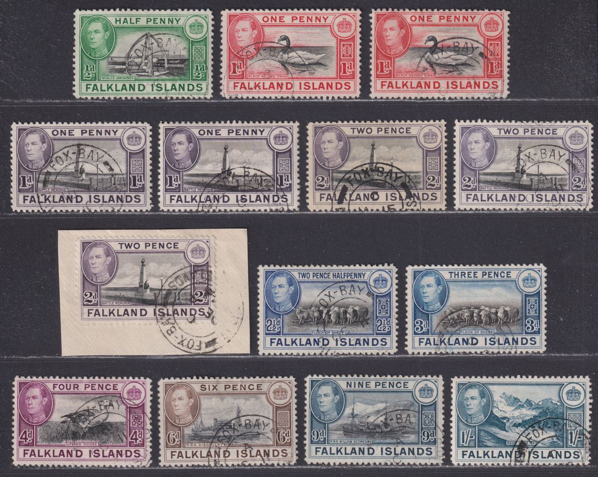 Falkland Islands 1938-50 KGVI Part Set to 1sh Used with Fox Bay Postmarks