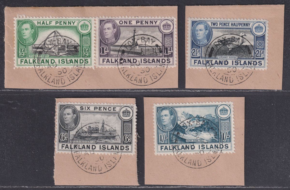Falkland Islands 1938-50 KGVI Part Set to 1sh Used Pieces with Fox Bay Postmarks