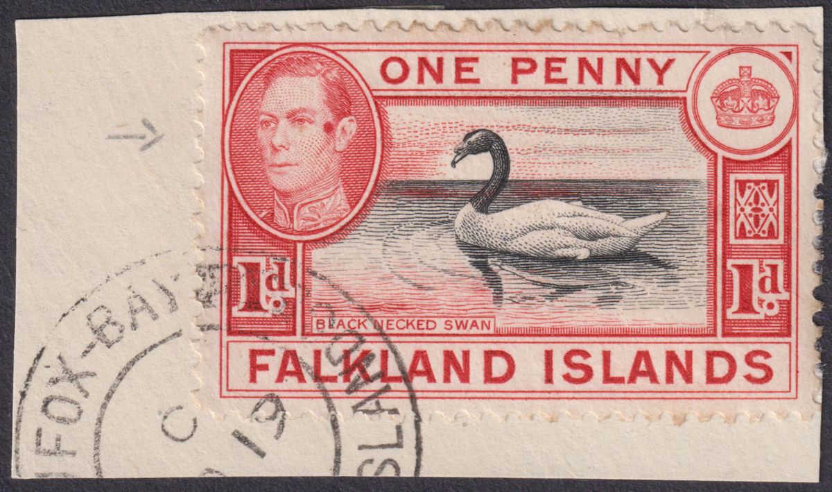 Falkland Islands 1938 KGVI 1d Face Flaw Variety Used on Piece SG147a var