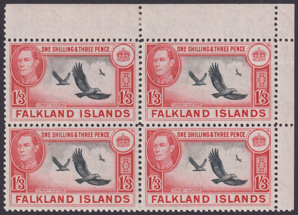 Falkland Islands 1946 KGVI Turkey Vultures 1sh3d Block of 4 Mint SG159