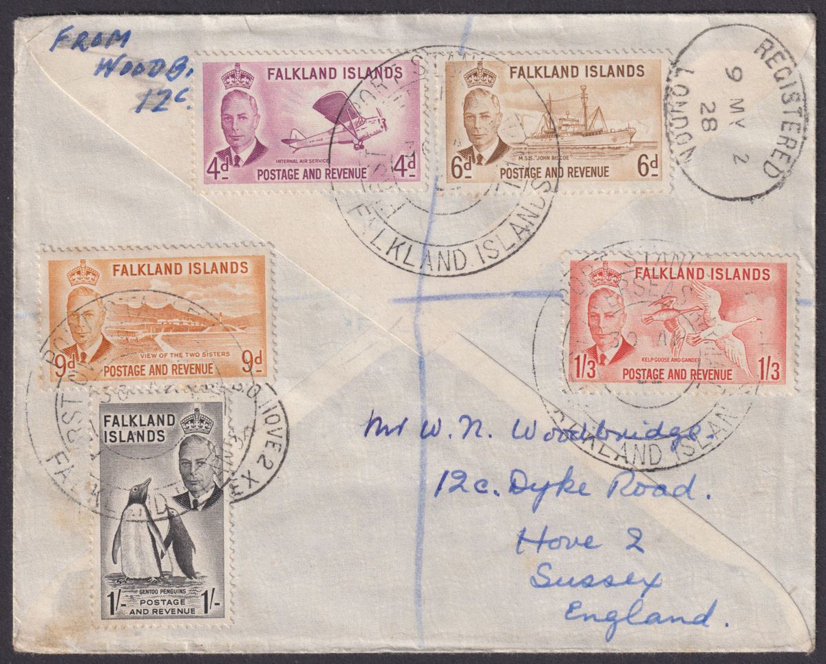 Falkland Islands 1952 KGVI Part Set to 1sh3d Cover w FIRST OVERSEAS AIRMAIL Pmk