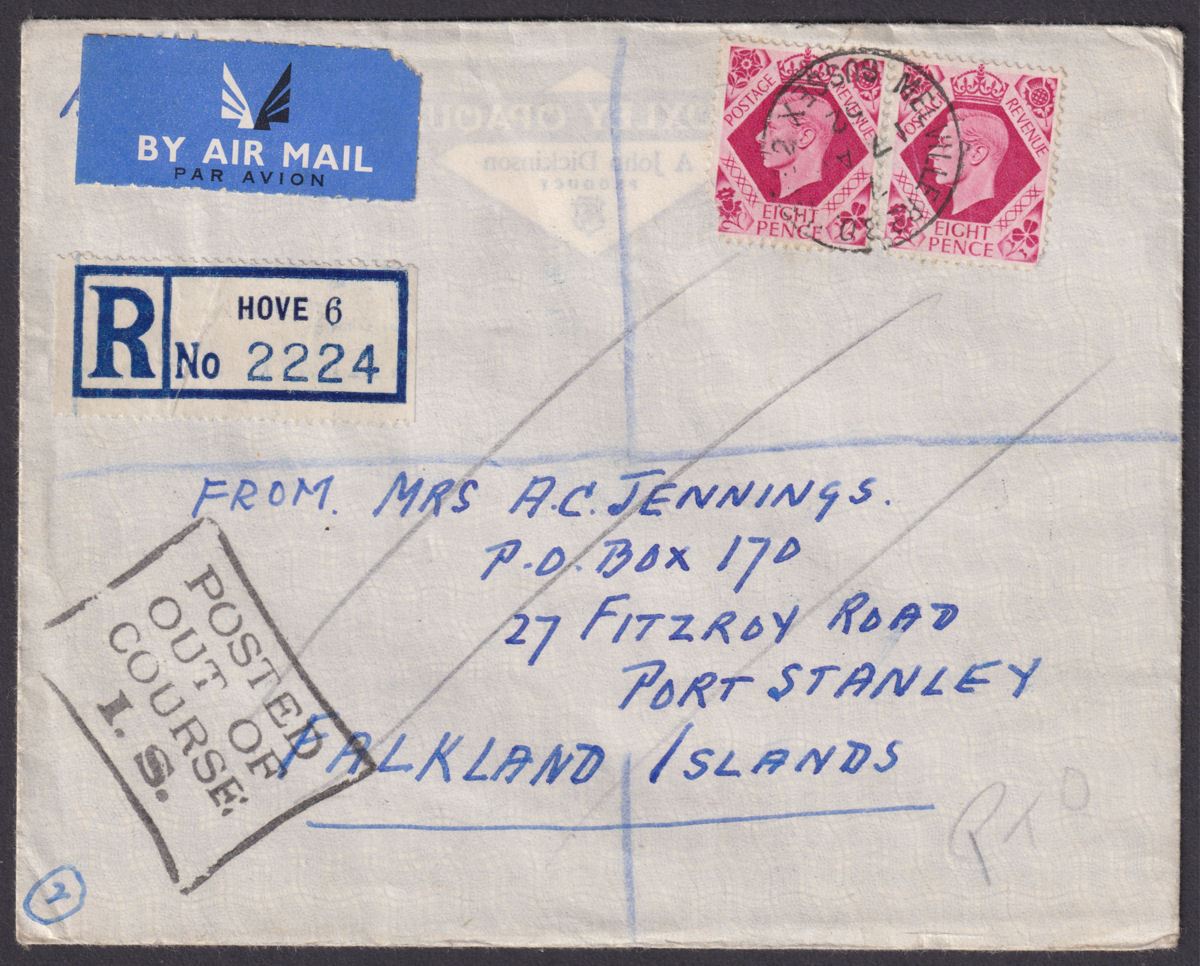 Falkland Islands 1952 KGVI Part Set to 1sh3d Cover w FIRST OVERSEAS AIRMAIL Pmk