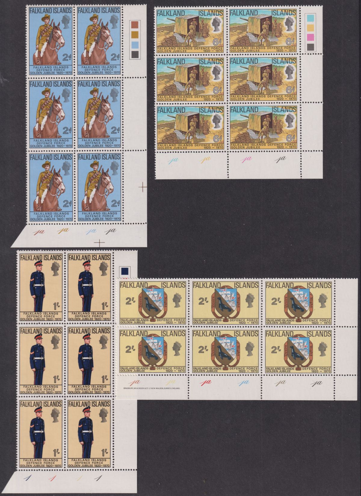 Falkland Islands 1970 QEII Defence Force Plate Block Set Mint SG254-257