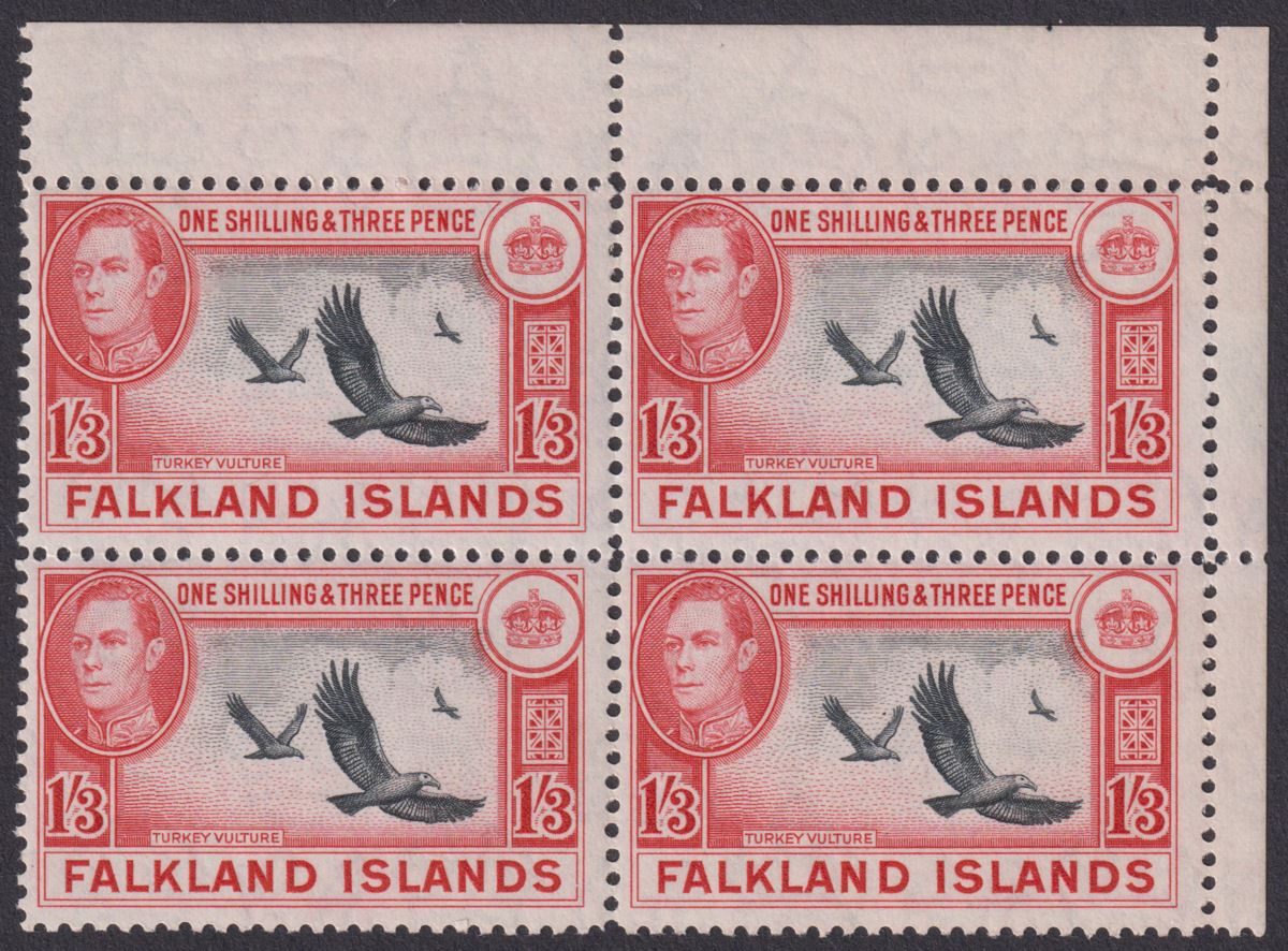 Falkland Islands 1946 KGVI Turkey Vultures 1sh3d Block of 4 Mint SG159