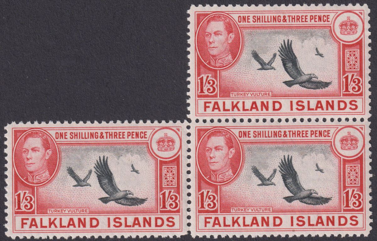 Falkland Islands 1946 KGVI Turkey Vultures 1sh3d Block of 3 UM Mint SG159