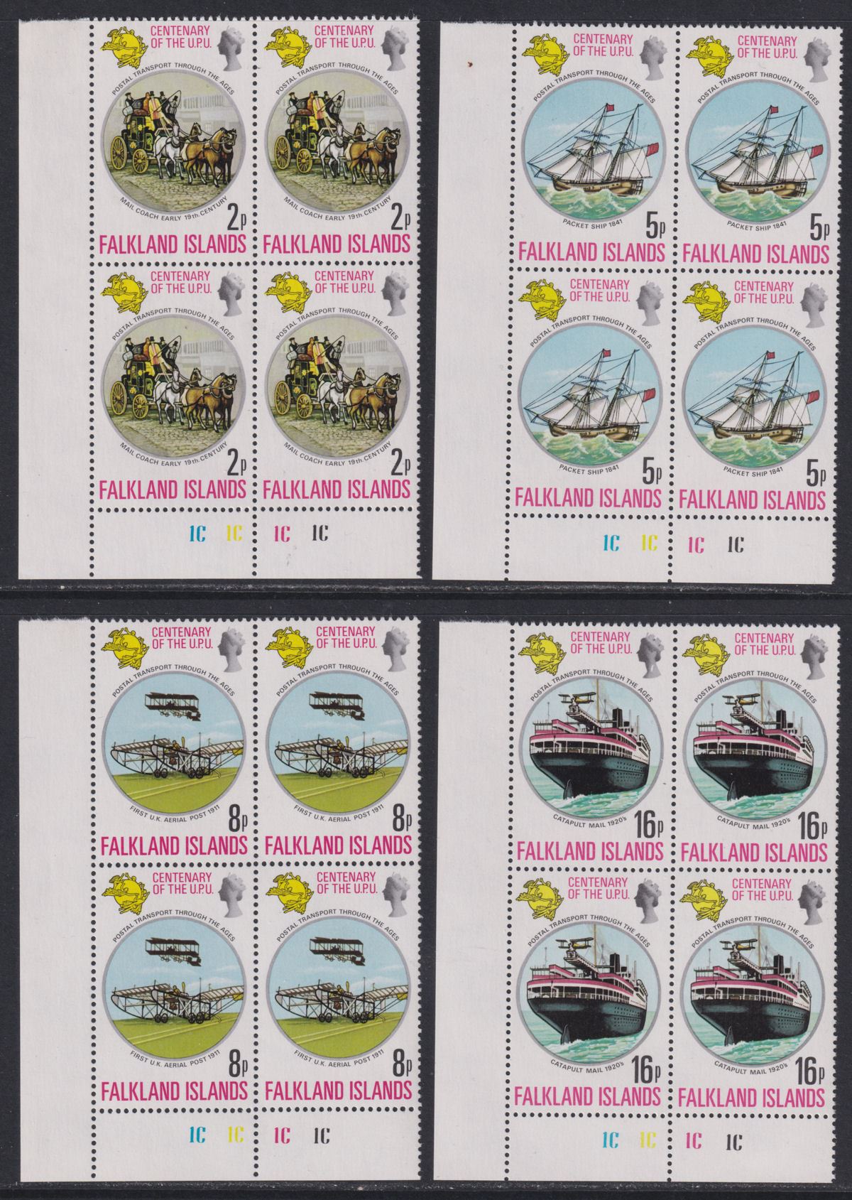 Falkland Islands 1974 QEII Centenary of UPU Plate Block Set UM Mint SG300-303