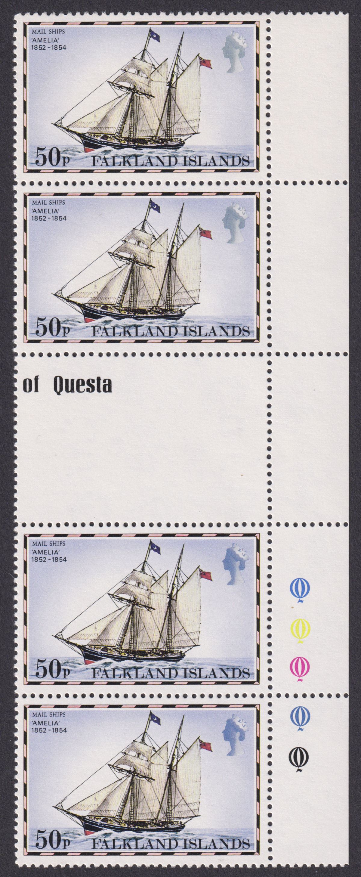 Falkland Islands 1980 Mail Ships 50p Gutter Strip of 4 UM Mint - Reprint