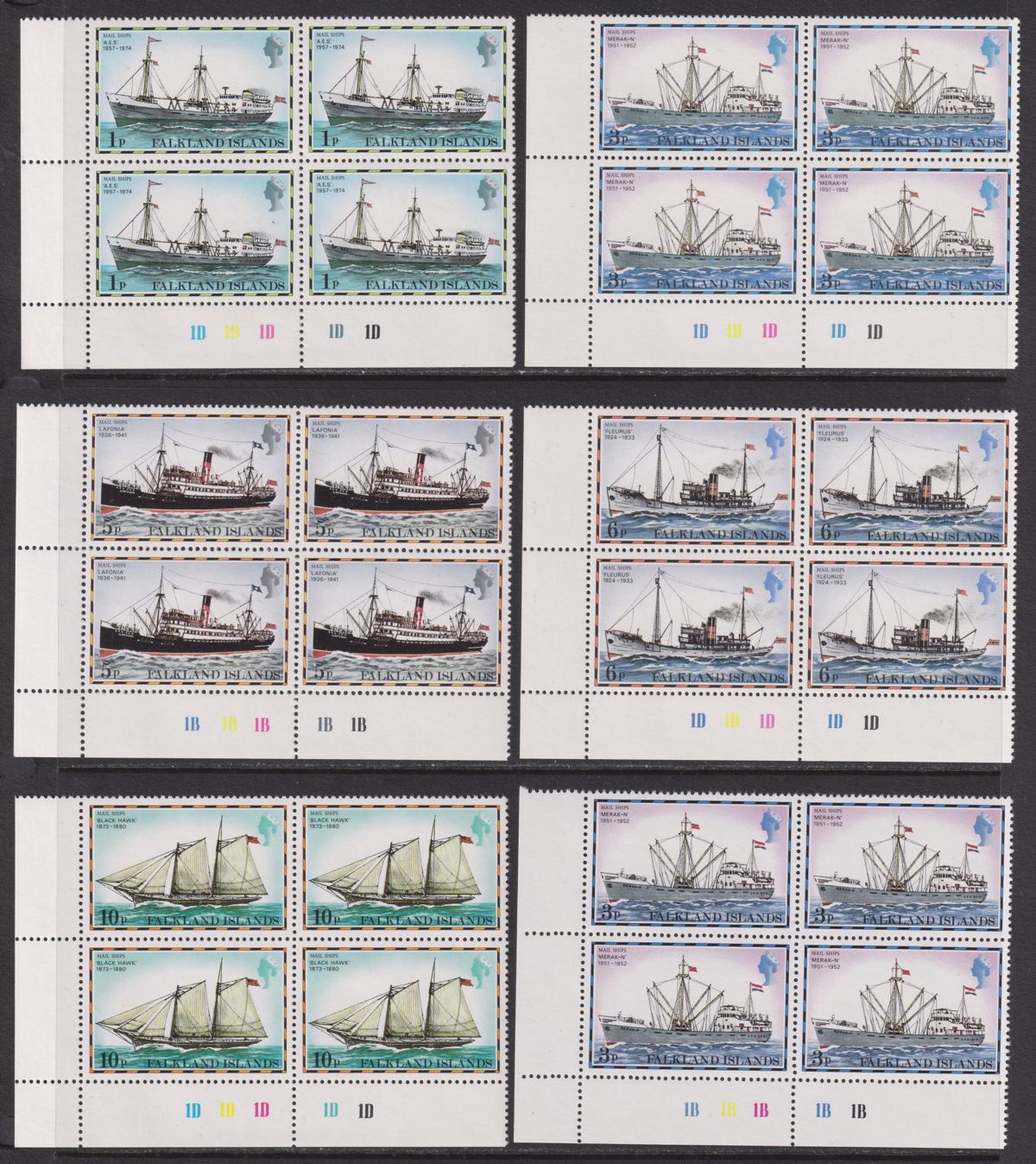 Falkland Islands 1980 Mail Ships Part Set Plate Blocks of 4 UM Mint - Reprints