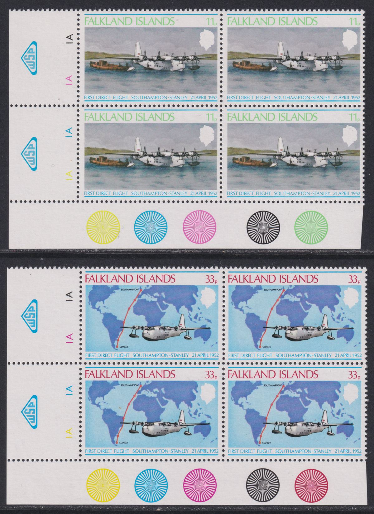 Falkland Islands 1978 QEII 26th Anniv of First Direct Flight Plate Blocks Mint