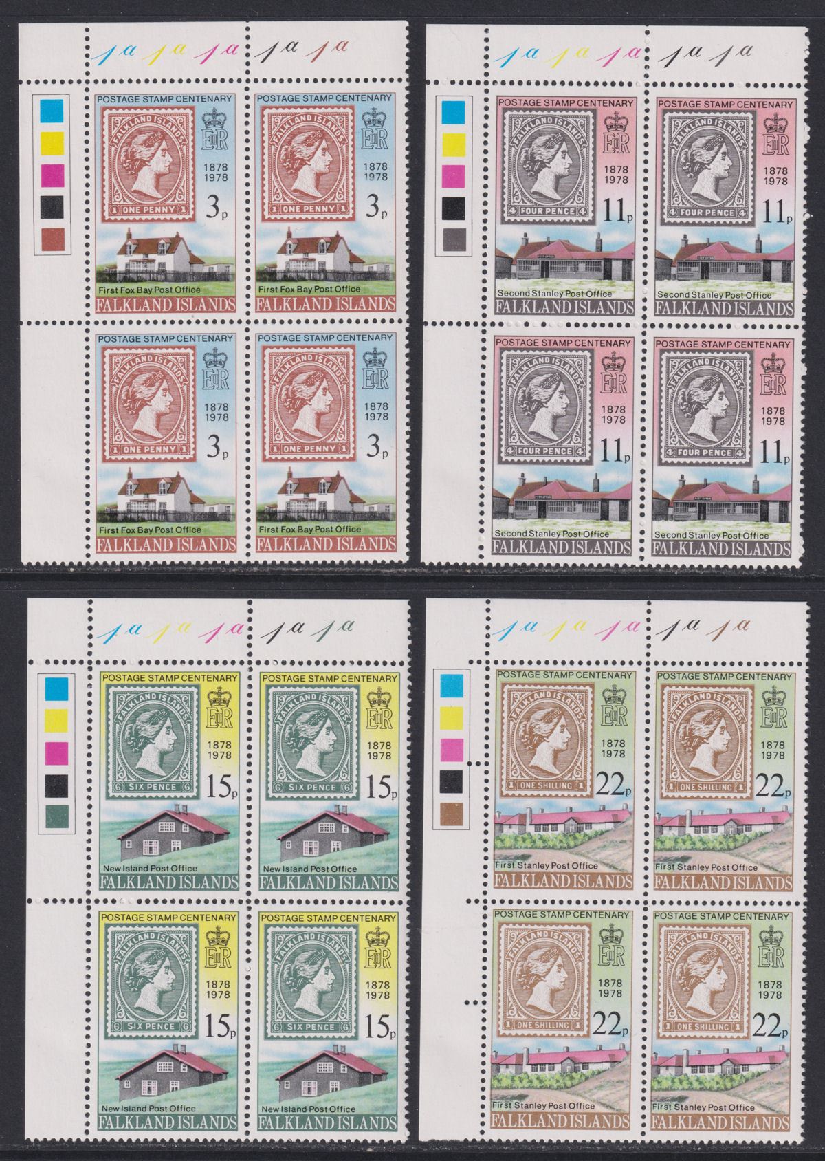 Falkland Islands 1978 QEII Postage Stamp Centenary P Block Set UM Mint SG351-354