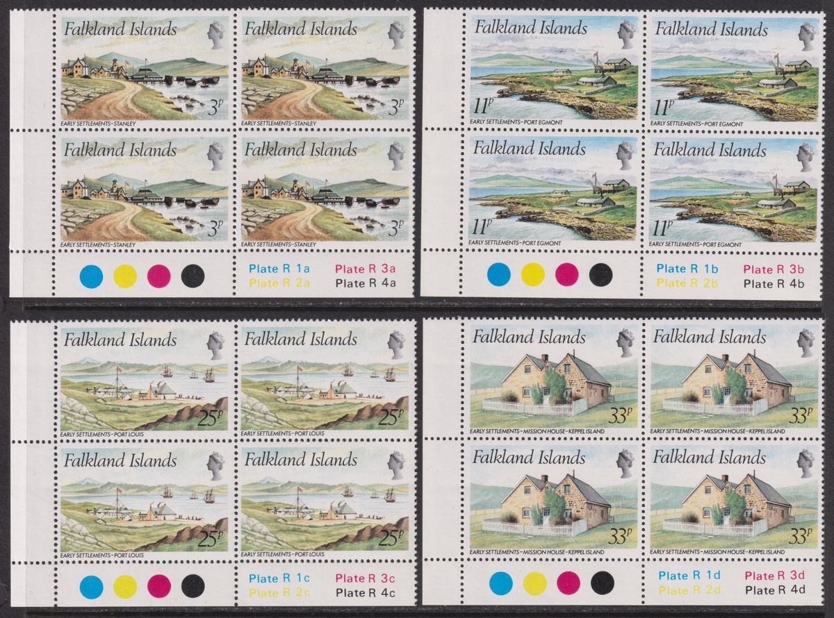 Falkland Islands 1981 QEII Early Settlements Plate Blocks Set Mint SG388-391