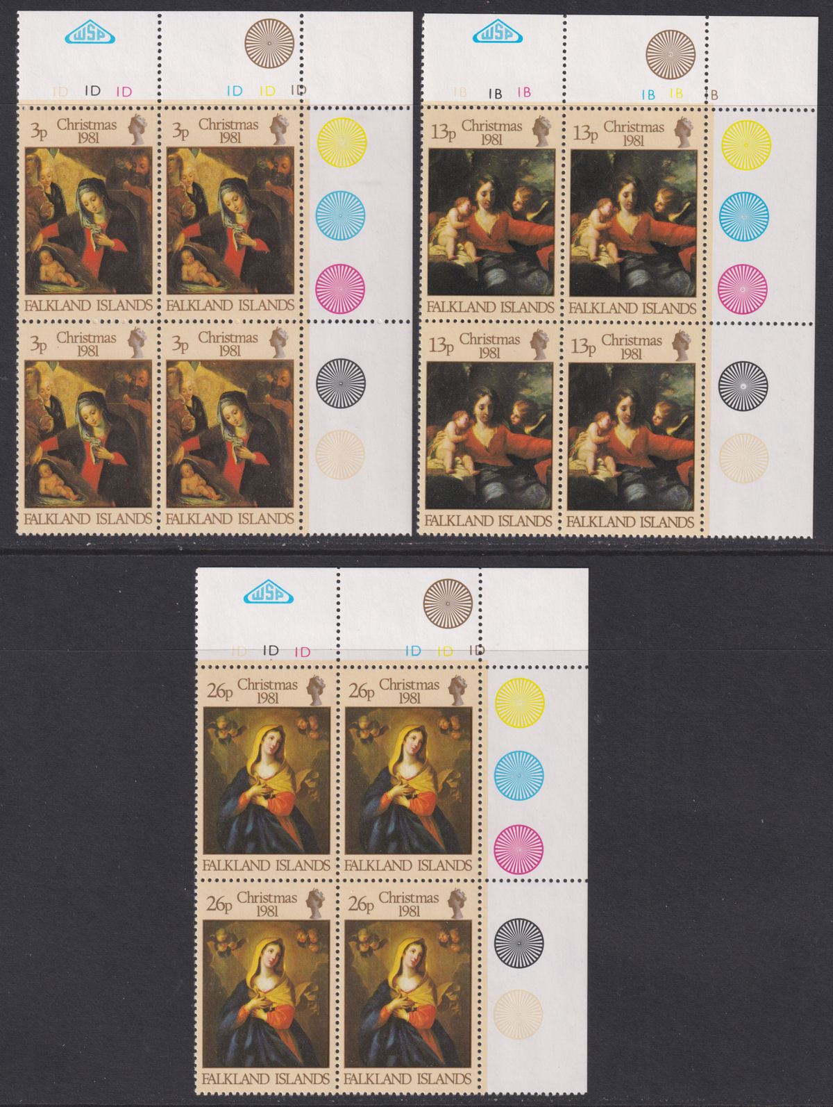 Falkland Islands 1981 QEII Christmas Paintings Plate Block Set Mint SG409-411