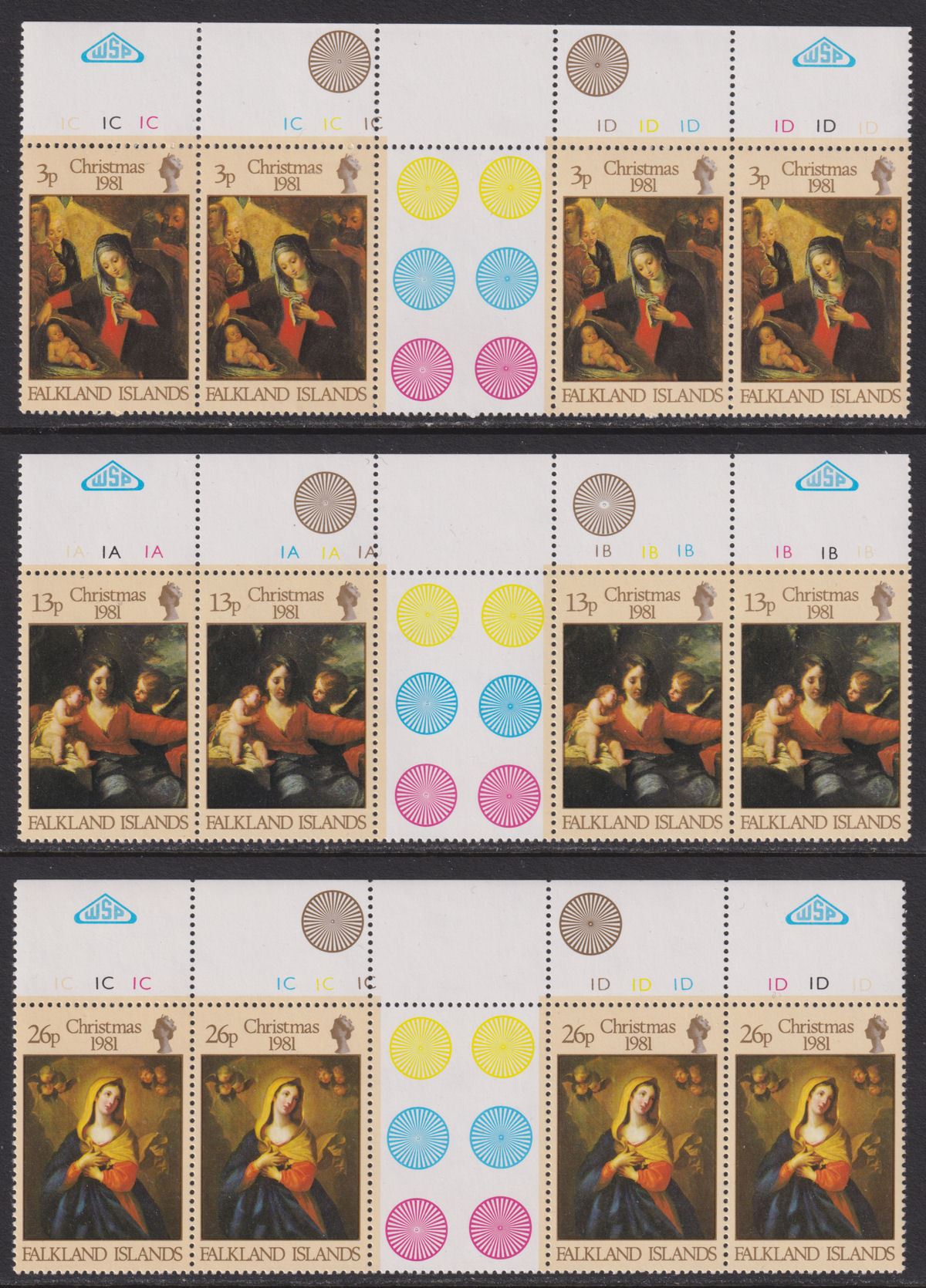 Falkland Islands 1981 QEII Christmas Paintings Gutter P Strip Set Mint SG409-411