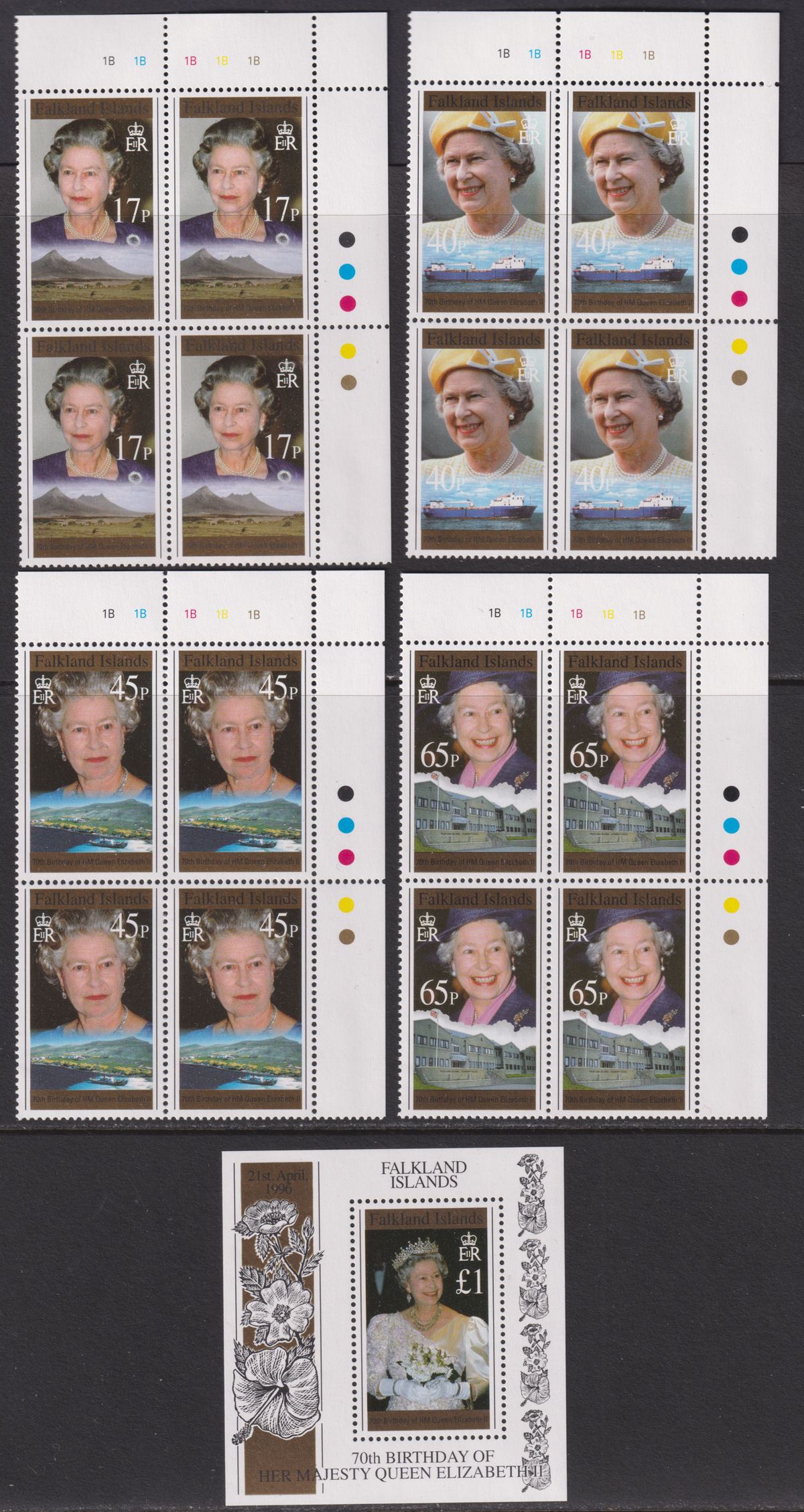 Falkland Islands 1996 QEII 70th Birthday Block Set + MS Mint SG761-MS765 cat £19