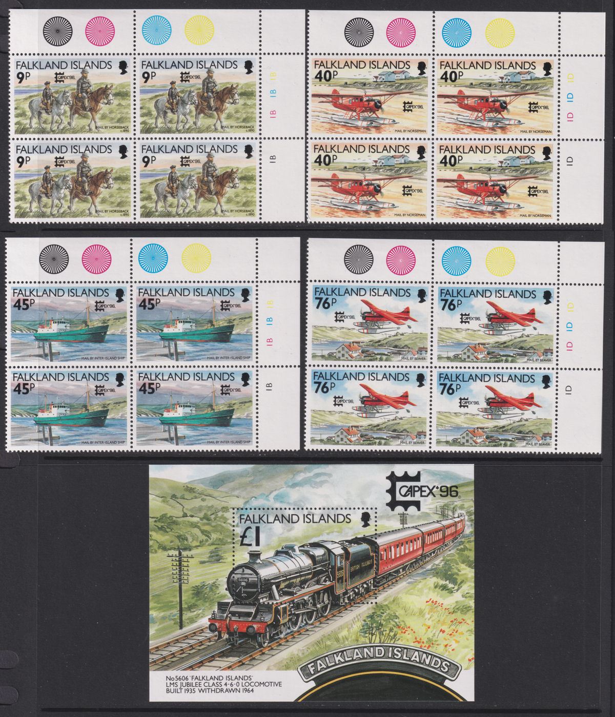 Falkland Islands 1996 CAPEX '96 Mail Transport Block Set + MS Mint SG766-MS770