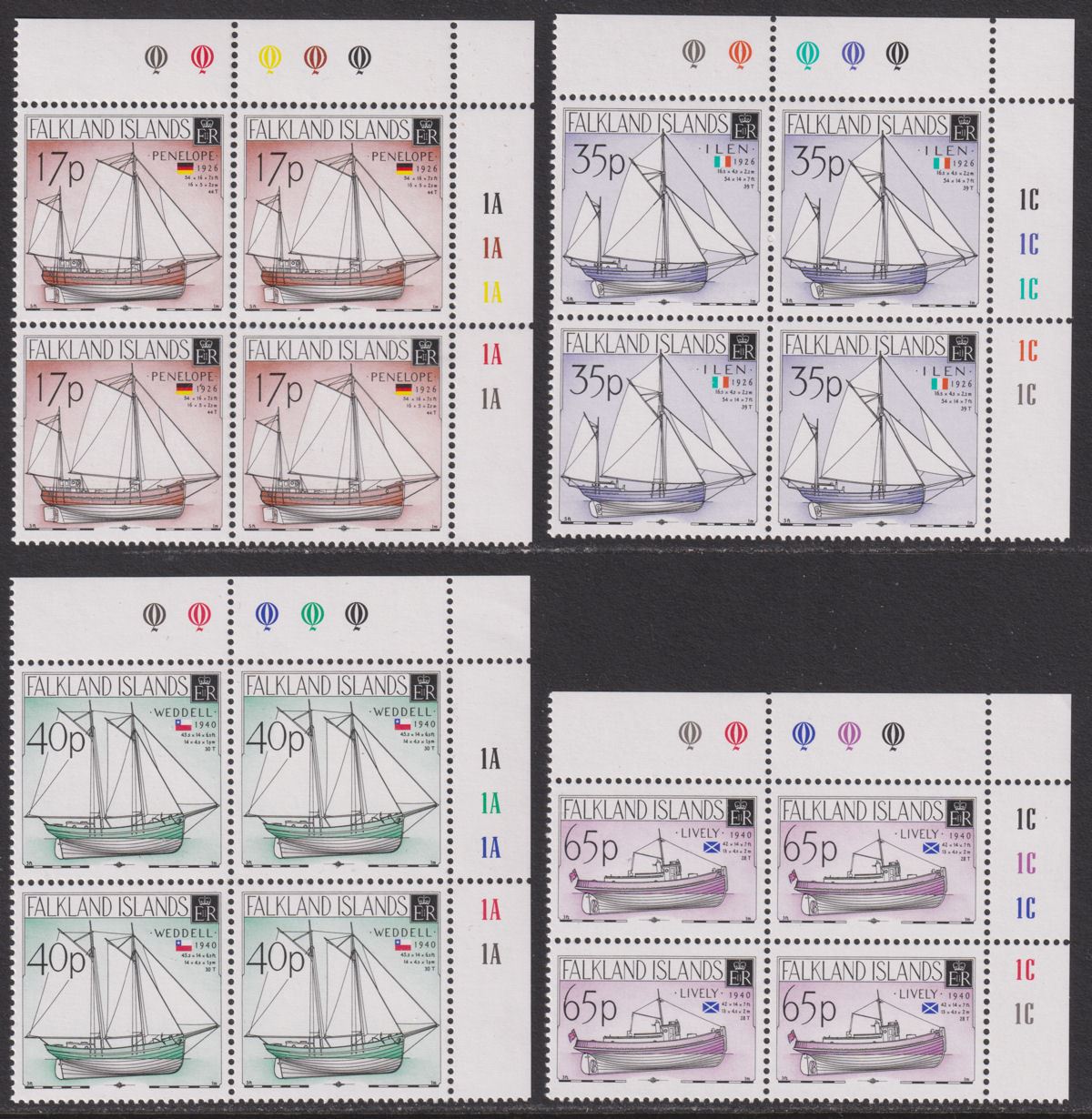 Falkland Islands 1998 QEII Local Vessels Plate Block Set Mint SG819-822 cat £42