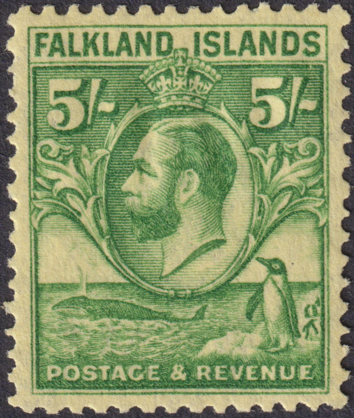 Falkland Islands 1929 KGV Whale + Penguins 5sh Grn on Yel Mint SG124 c£100 CREAS