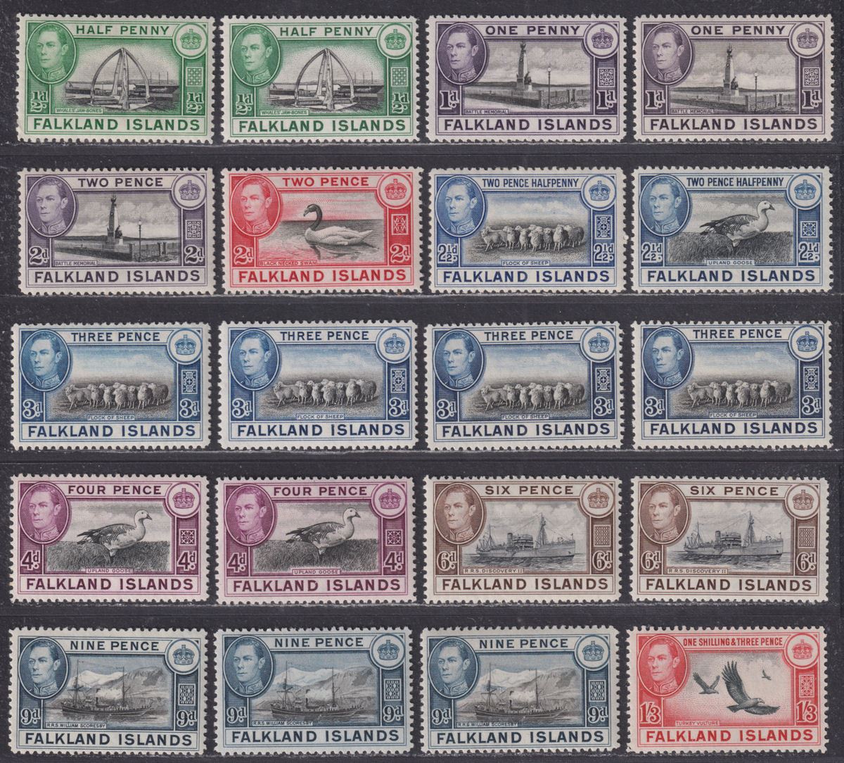 Falkland Islands 1938-50 King George VI Part Set to 1sh3d Mint