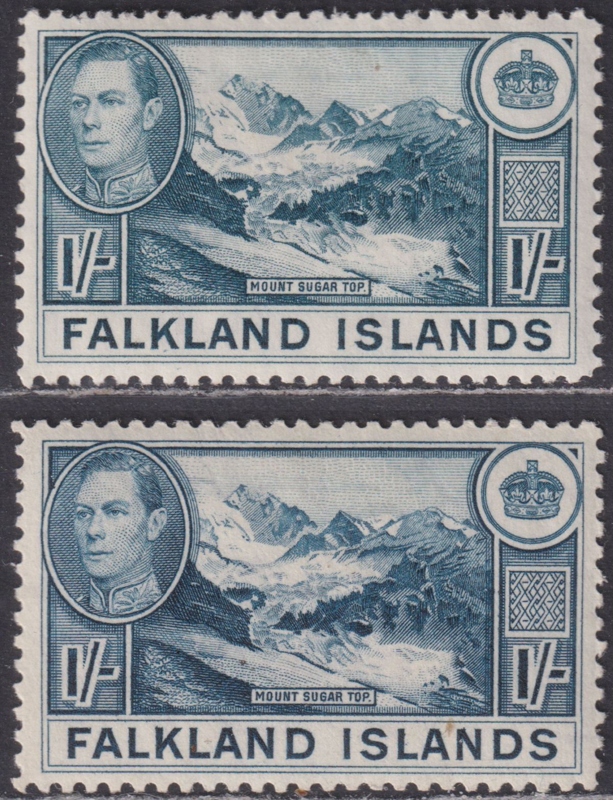Falkland Islands 1938 KGVI 1sh Dull Blue Shades Mint SG158a-158b cat £98