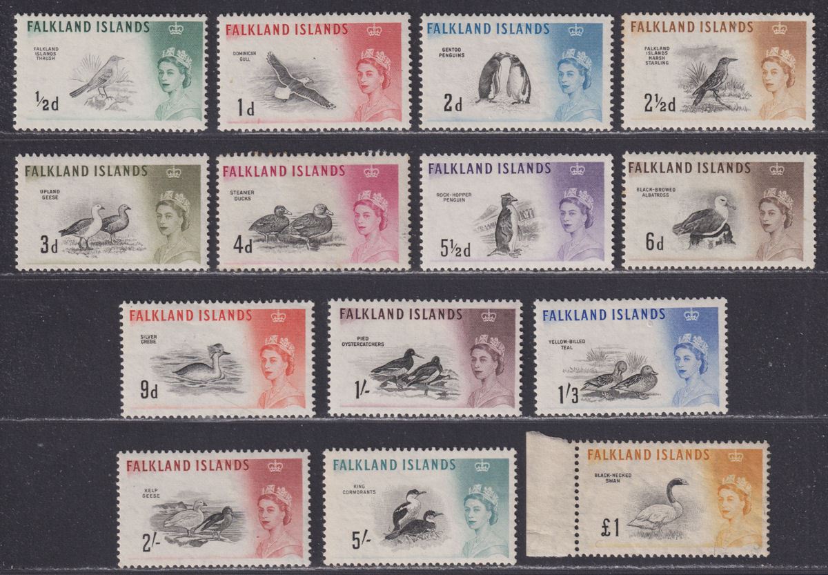 Falkland Islands 1960 QEII Birds Part Set to £1 Mint - FAULTS