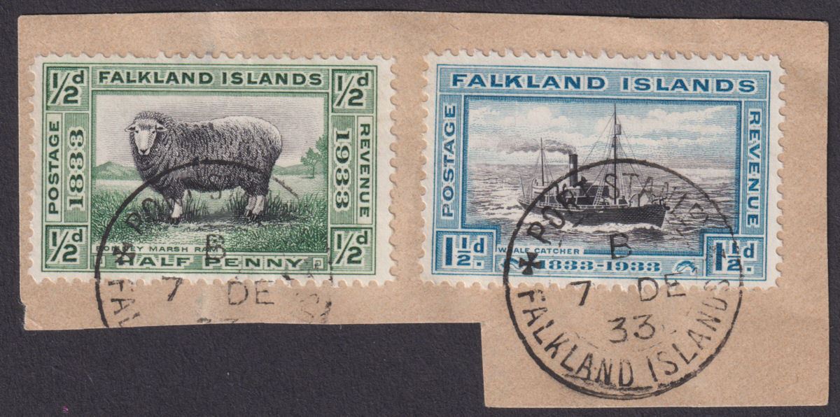Falkland Islands 1933 KGV Centenary ½d, 1d Used on Piece SG127-128