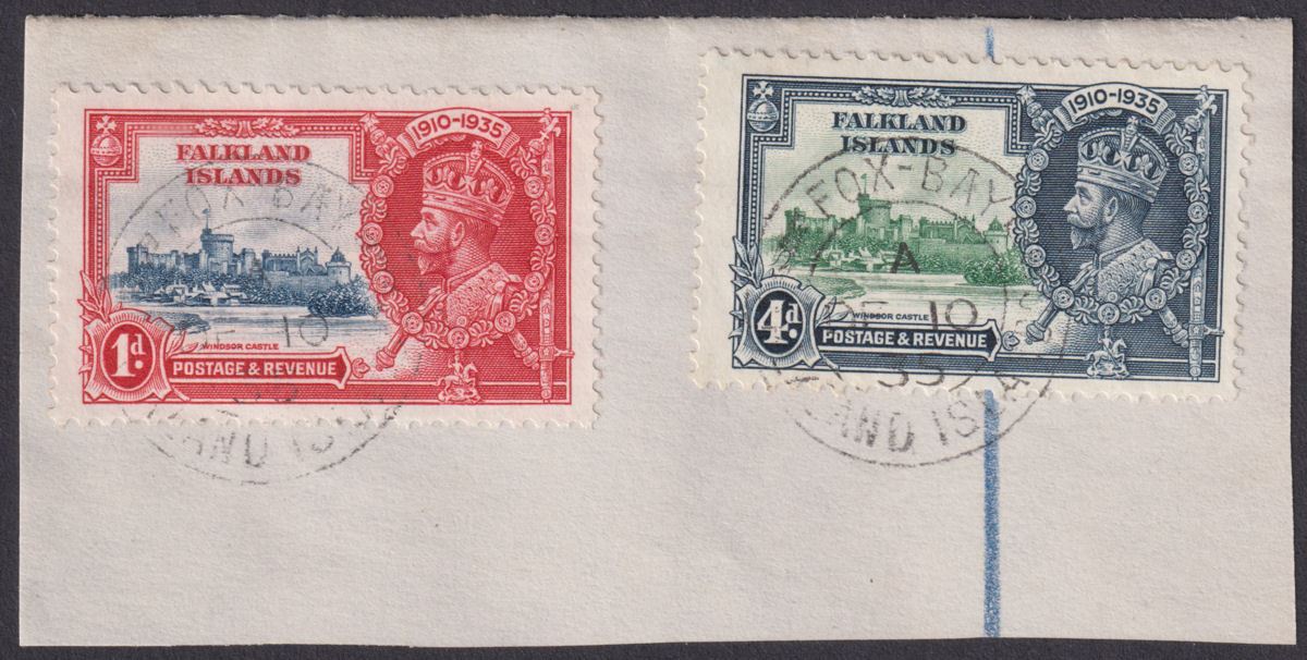 Falkland Islands 1935 KGV Silver Jubilee 4d, 1d Used Piece with FOX BAY Postmark