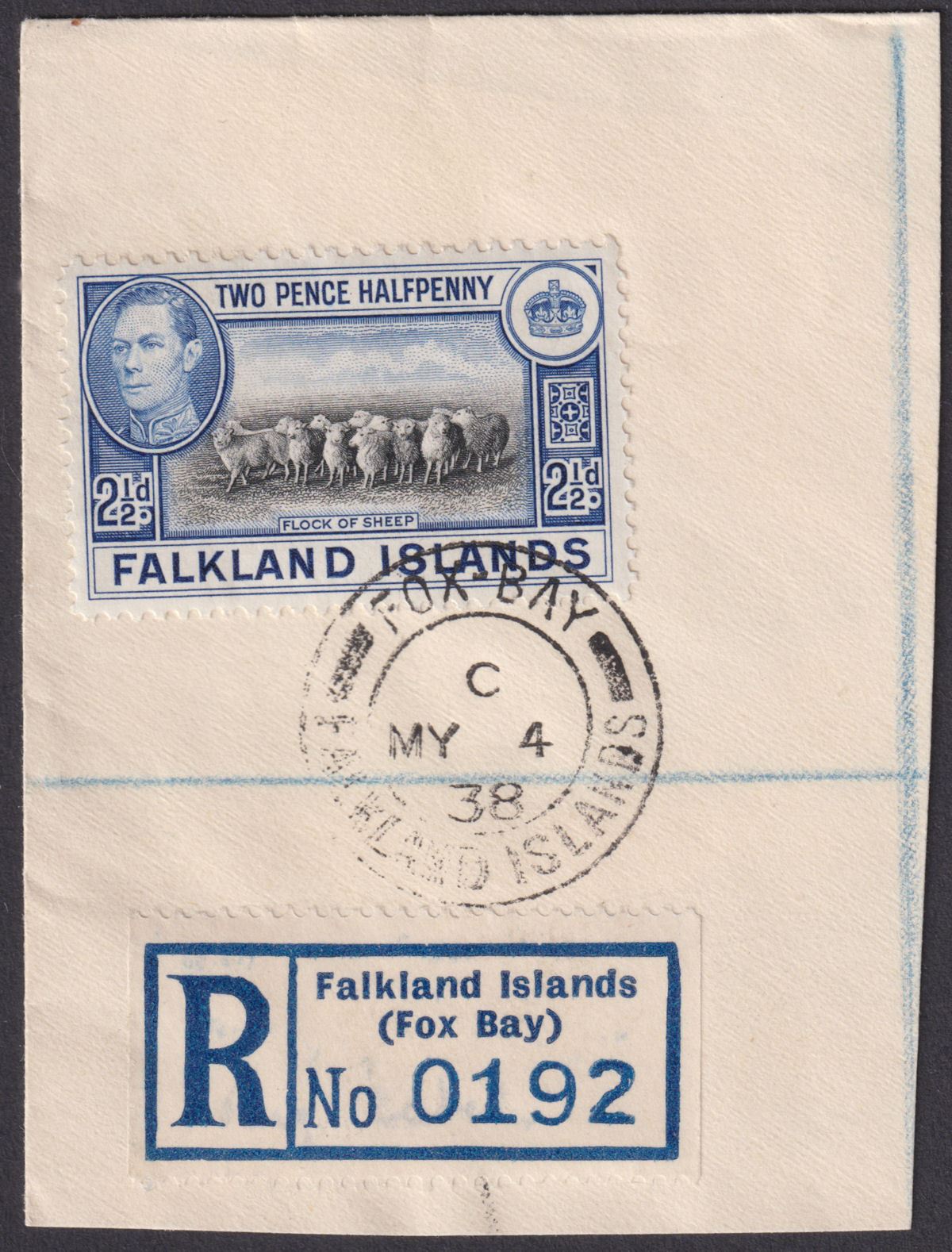 Falkland Islands 1938 KGVI 2½d Used Registered Piece with Fox Bay Postmark