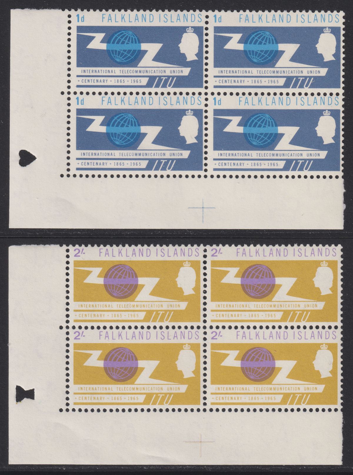 Falkland Islands 1965 QEII ITU Centenary 1d, 2sh Blocks of 4 Mint SG219-220 MNH