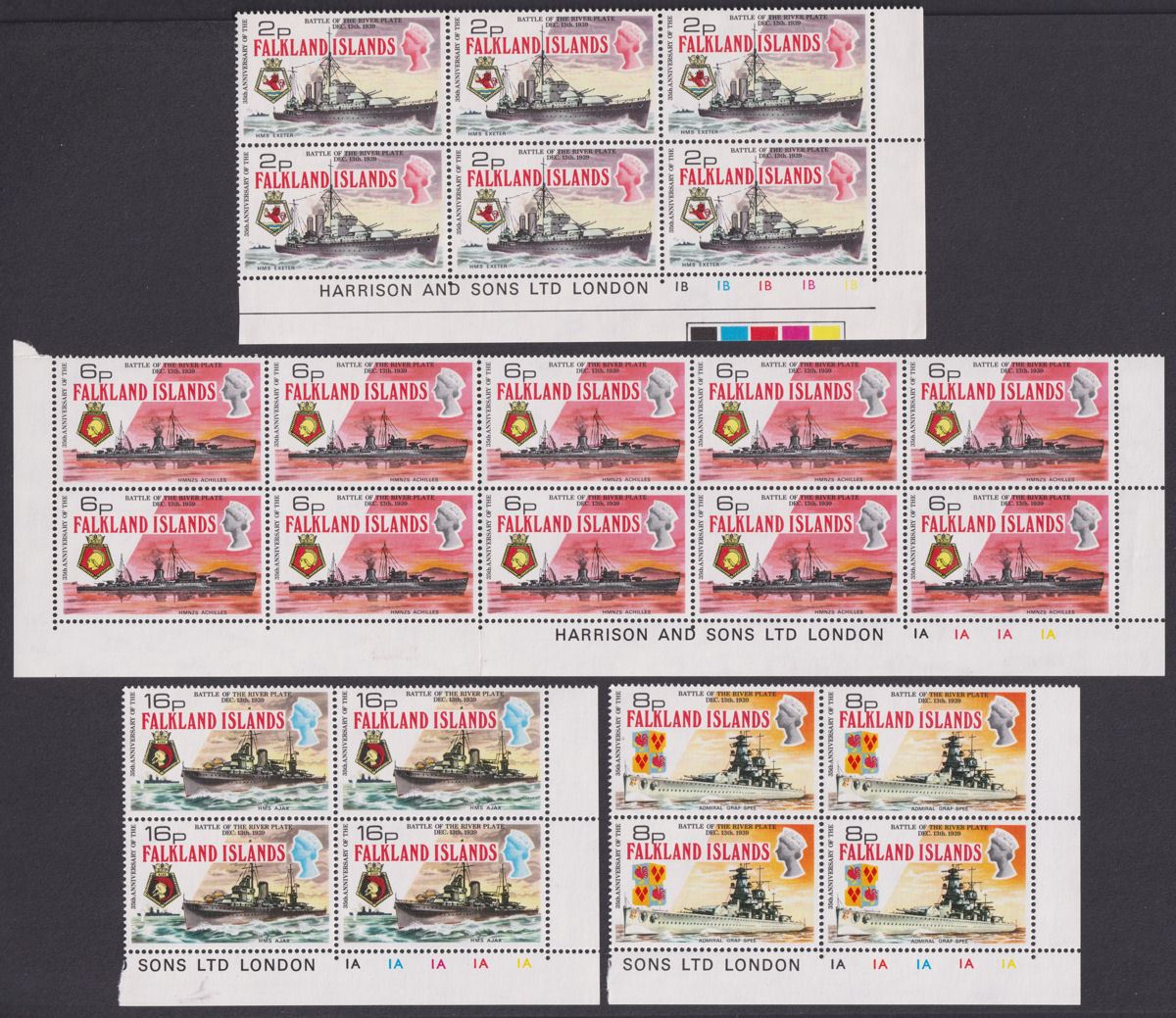 Falkland Islands 1974 QEII Battle of River Plate Set Block Set UM Mint SG307-310