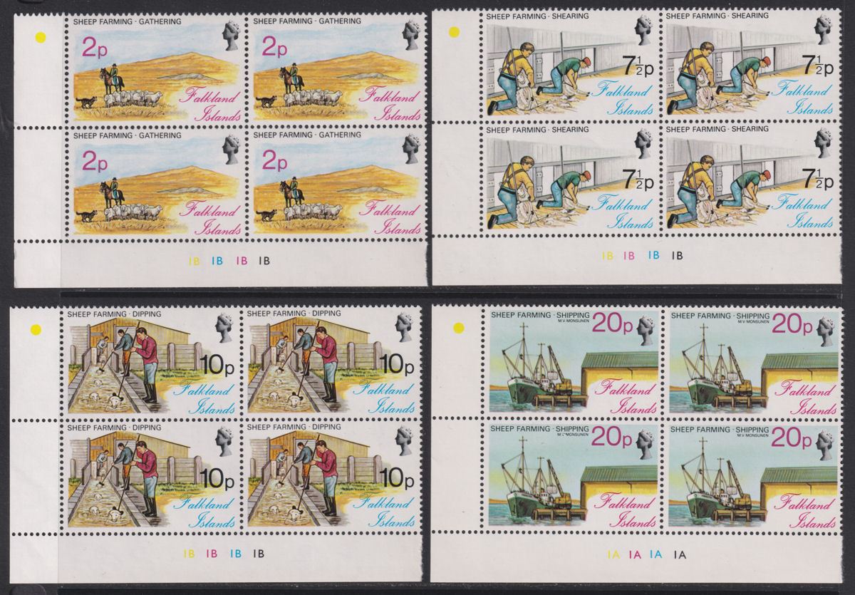 Falkland Islands 1976 QEII Sheep Farming Industry Plate Block Set Mint SG321-324