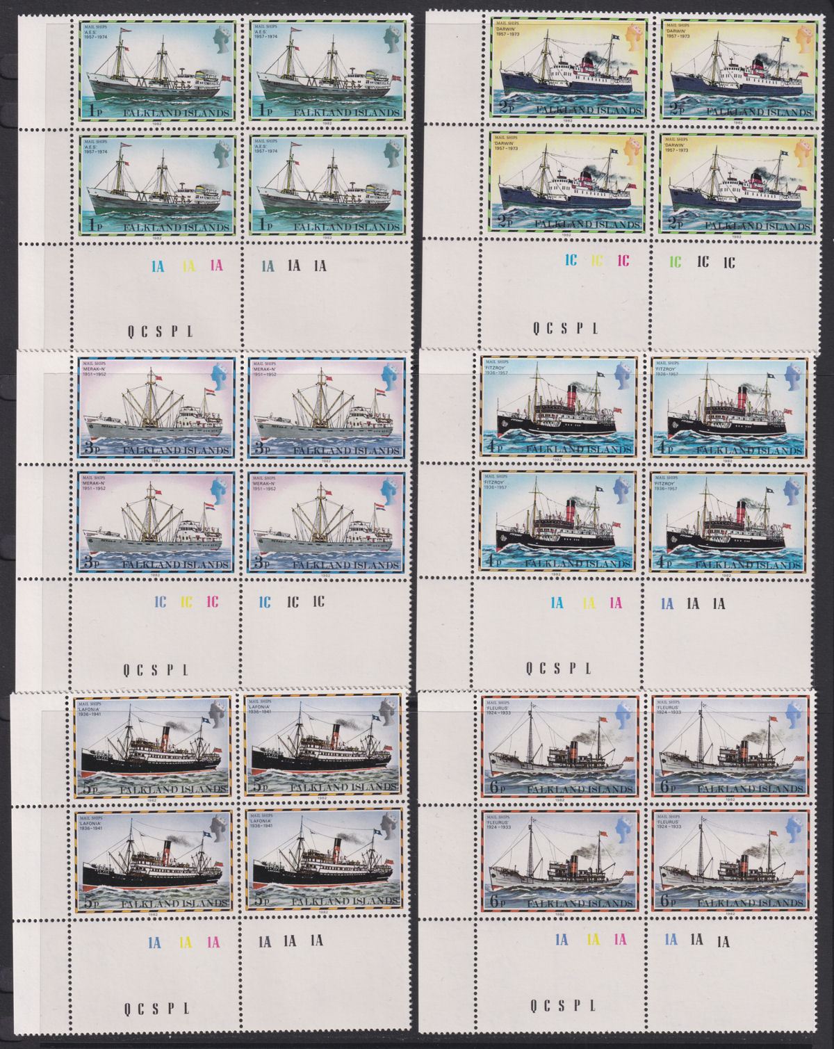 Falkland Islands 1982 Mail Ships Imprint Block Set UM Mint SG331B-345B