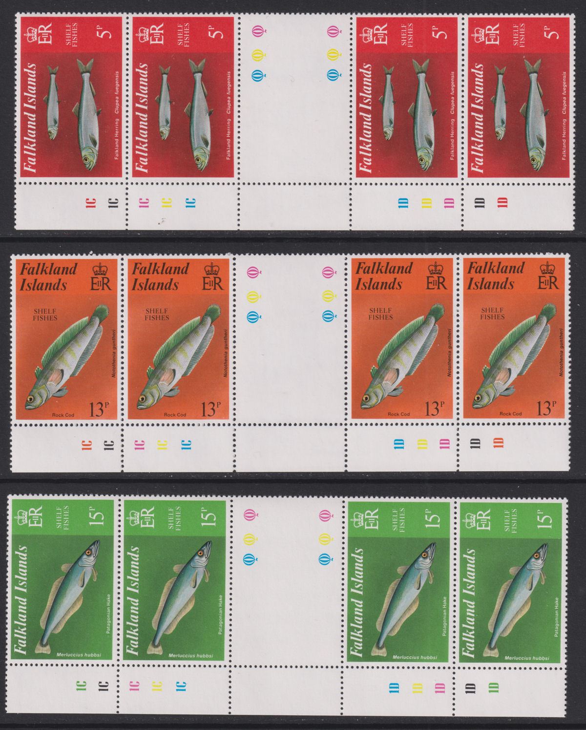 Falkland Islands 1981 QEII Shelf Fishes Plate Gutter Block Set UM Mint SG412-416
