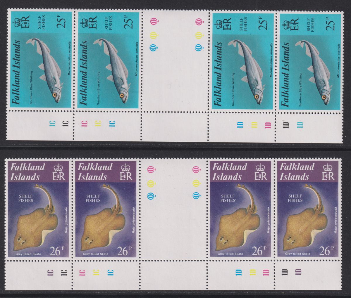 Falkland Islands 1981 QEII Shelf Fishes Plate Gutter Block Set UM Mint SG412-416