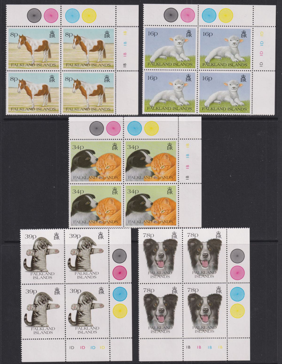 Falkland Islands 1993 QEII Pets Plate Block Set UM Mint SG691-695 