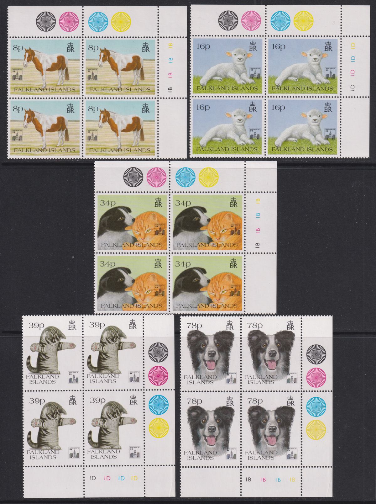Falkland Islands 1994 QEII Pets Hong Kong '94 Plate Block Set Mint SG696-700