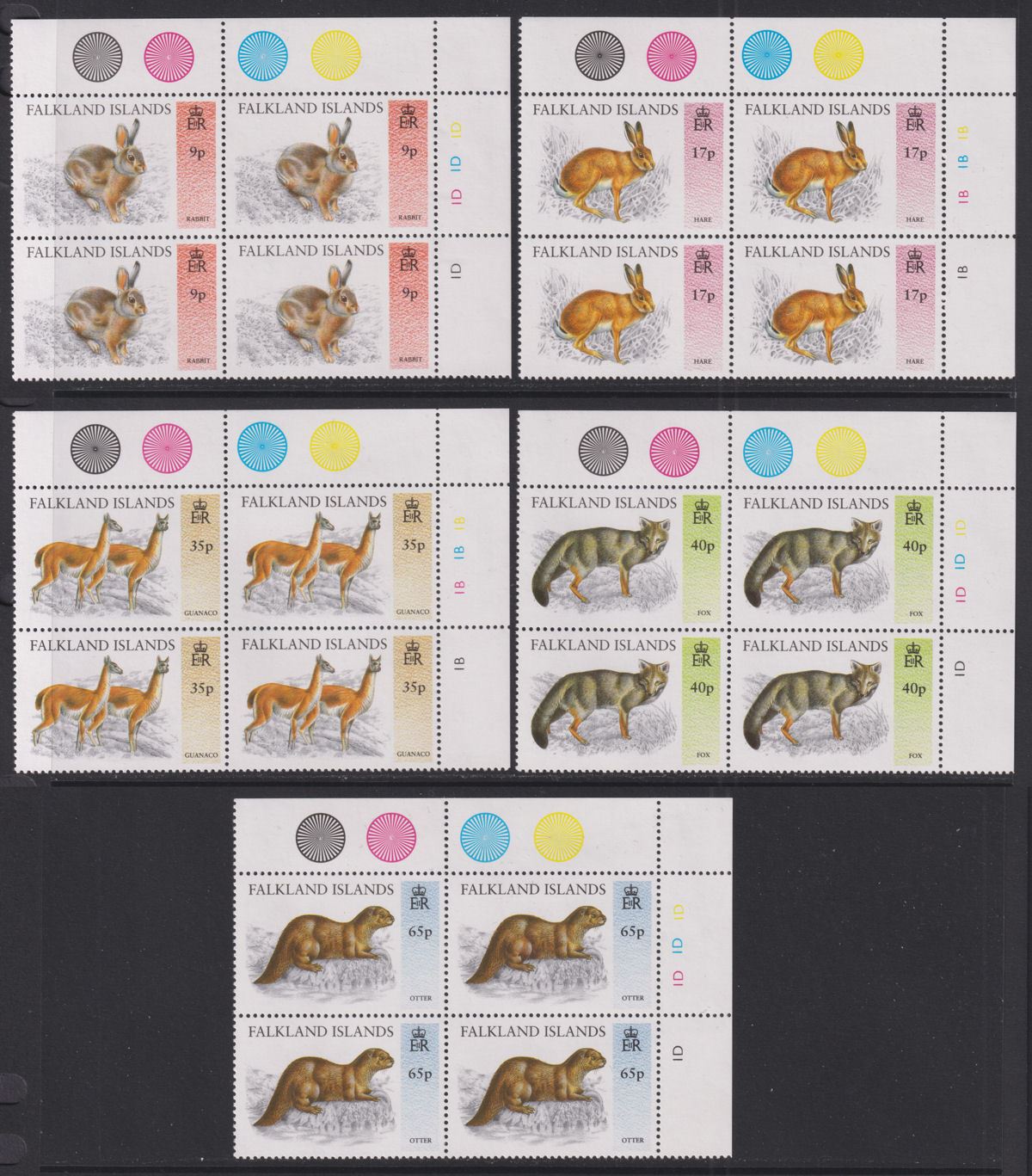 Falkland Islands 1995 QE2 Wild Animals Plate Block Set UM Mint SG752-756