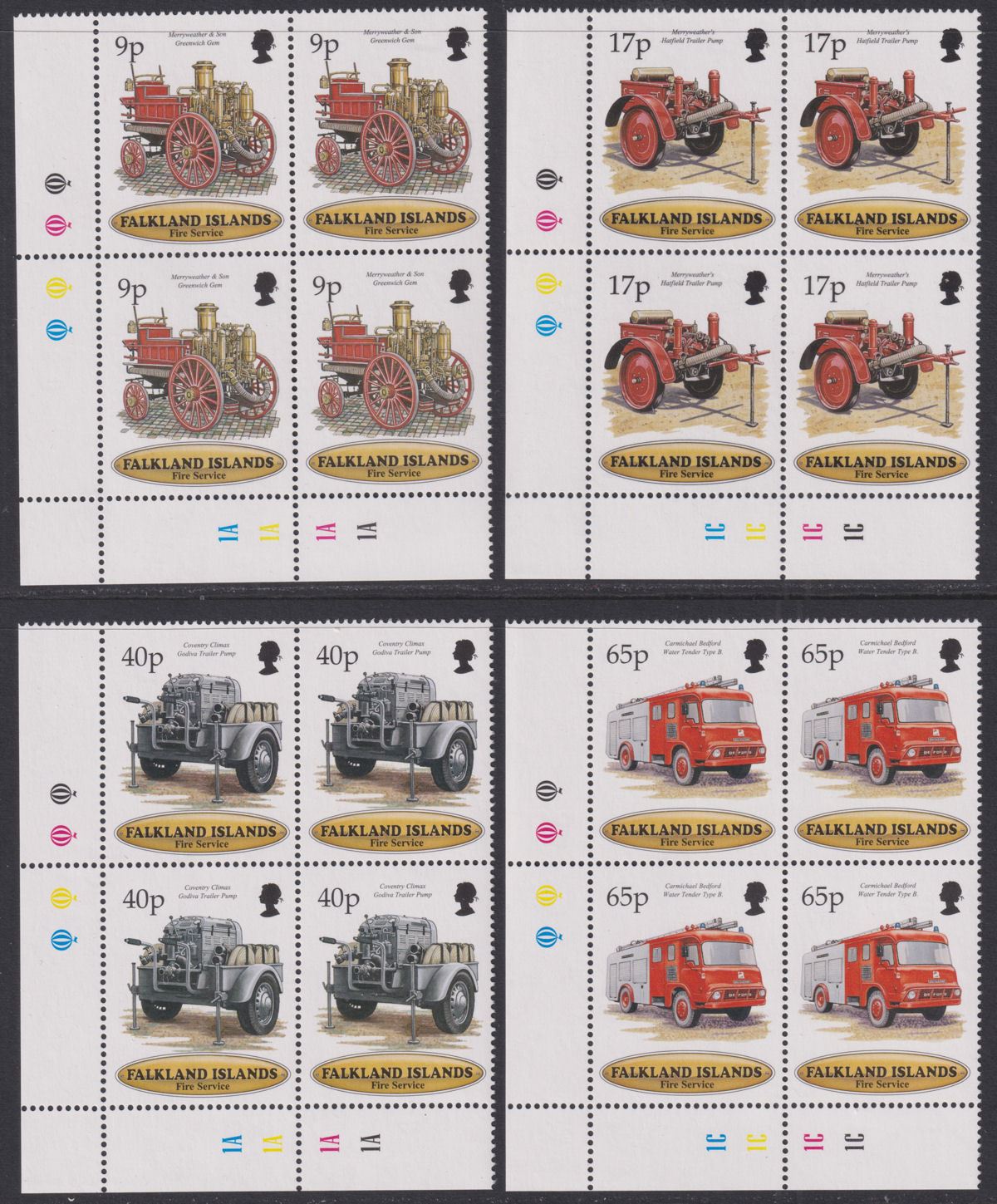 Falkland Islands 1998 QEII Fire Service Plate Block Set Mint SG799-802 cat £72