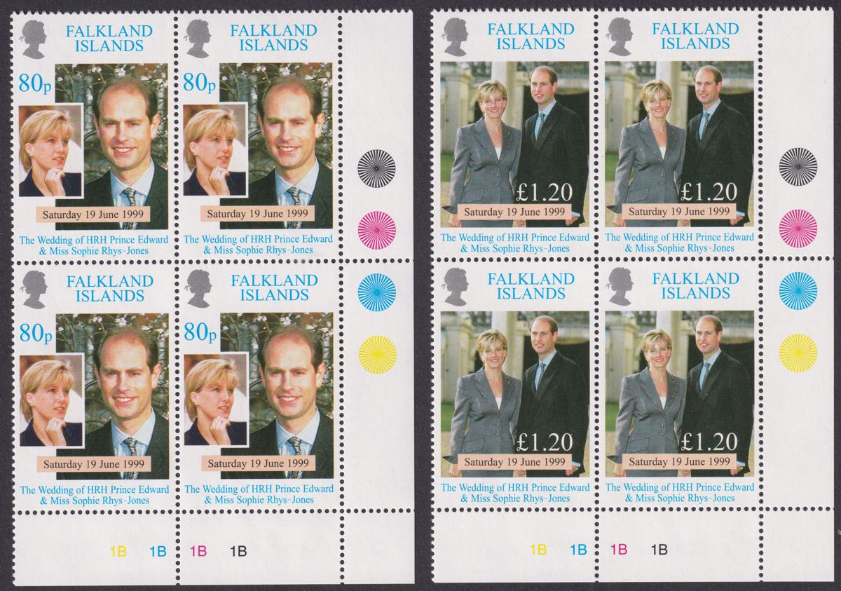 Falkland Islands 1999 Royal Wedding 80p, £1.20 Plate Blocks UM Mint SG838-839