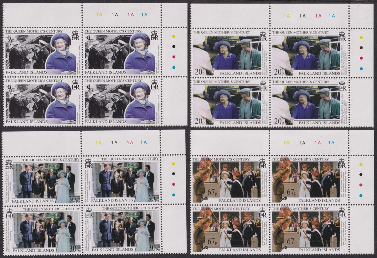 Falkland Islands 1999 Queen Mother's Century Plate Block Set UM Mint SG843-846
