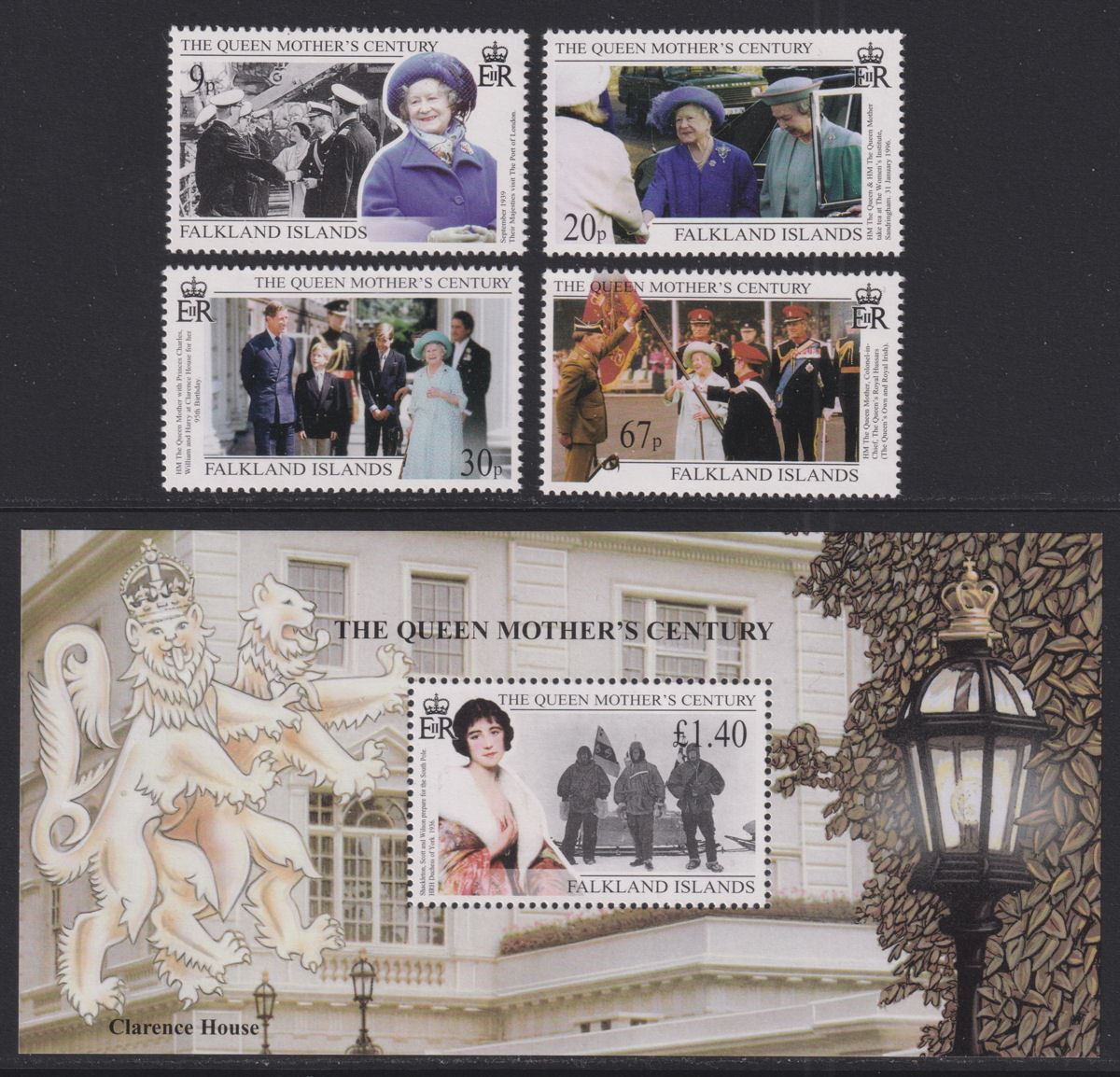 Falkland Islands 1999 Queen Mother's Century Set + MS UM Mint SG843-MS847