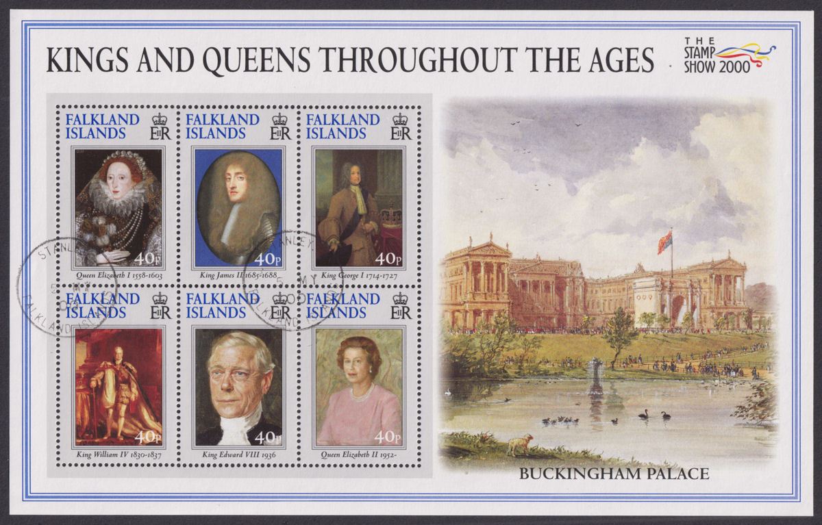 Falkland Islands 2000 QEII Stamp Show Kings + Queens Sheet Used SG870a cat £16