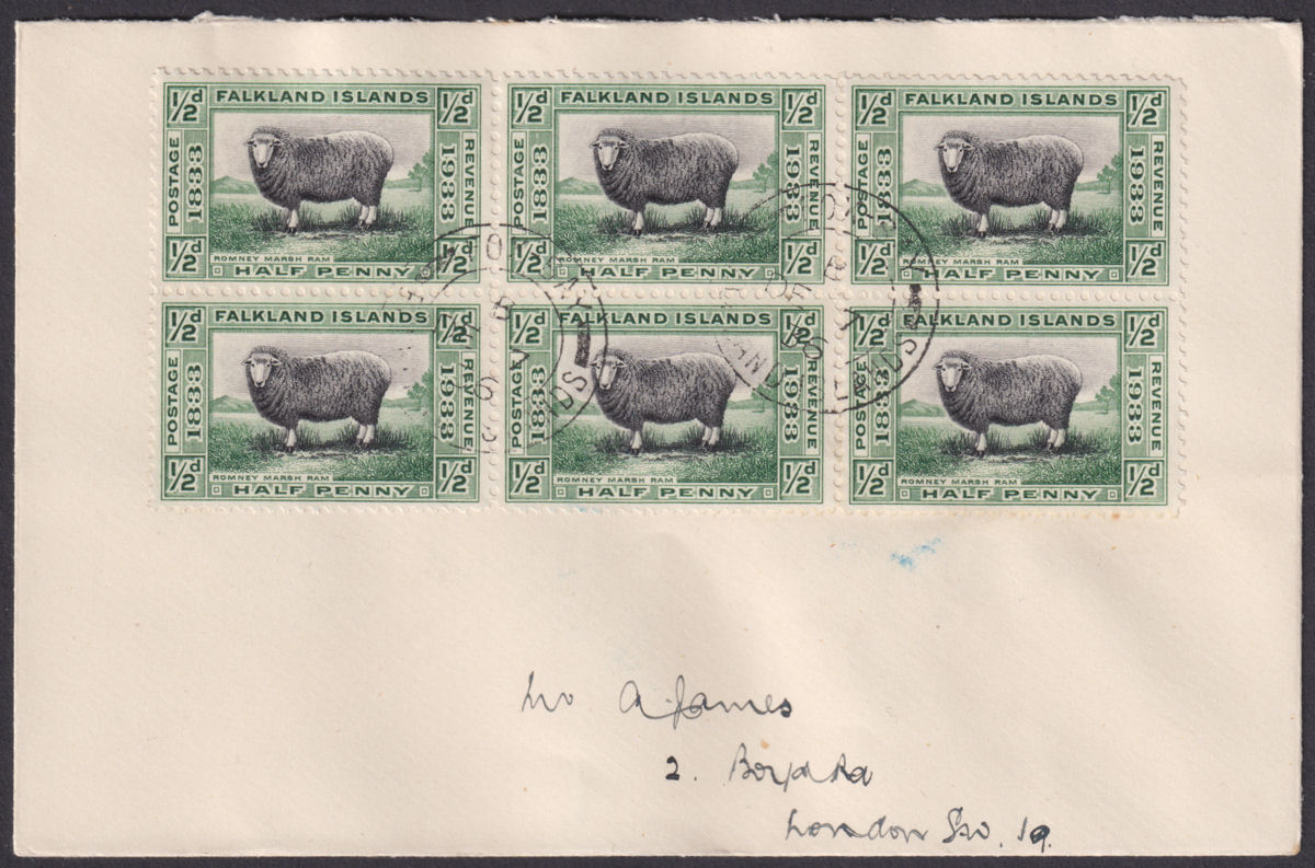 Falkland Islands 1936 KGV Centenary ½d x 6 Used Cover with FOX BAY Postmarks