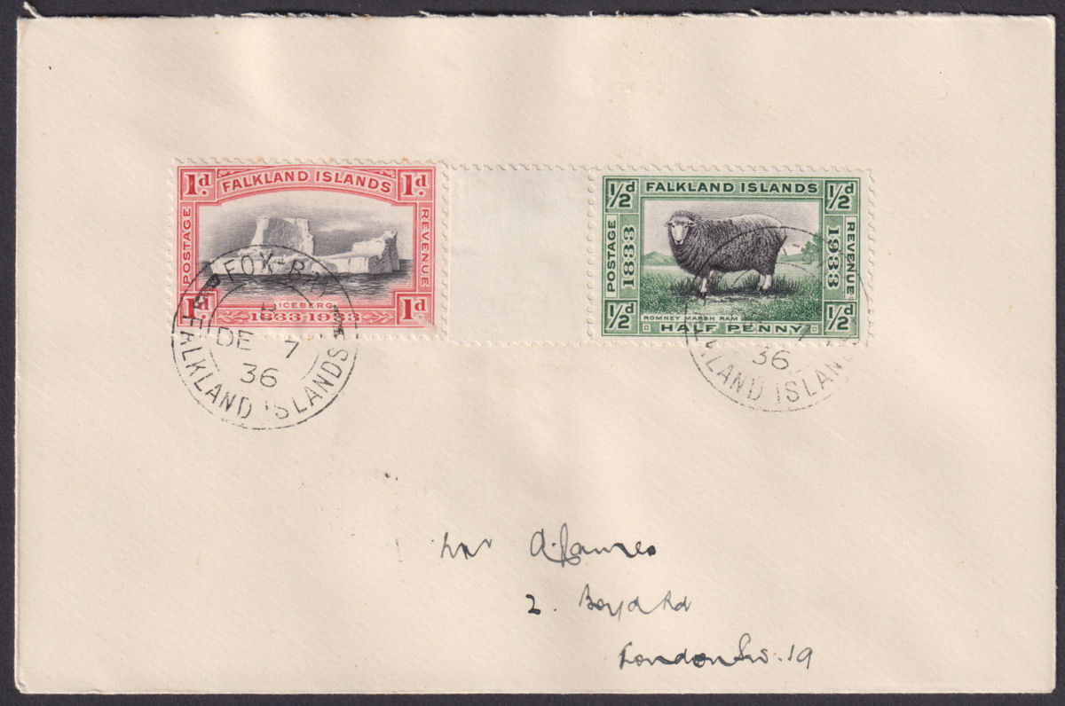 Falkland Islands 1936 KGV Centenary 1d, ½d Used Cover with FOX BAY Postmarks
