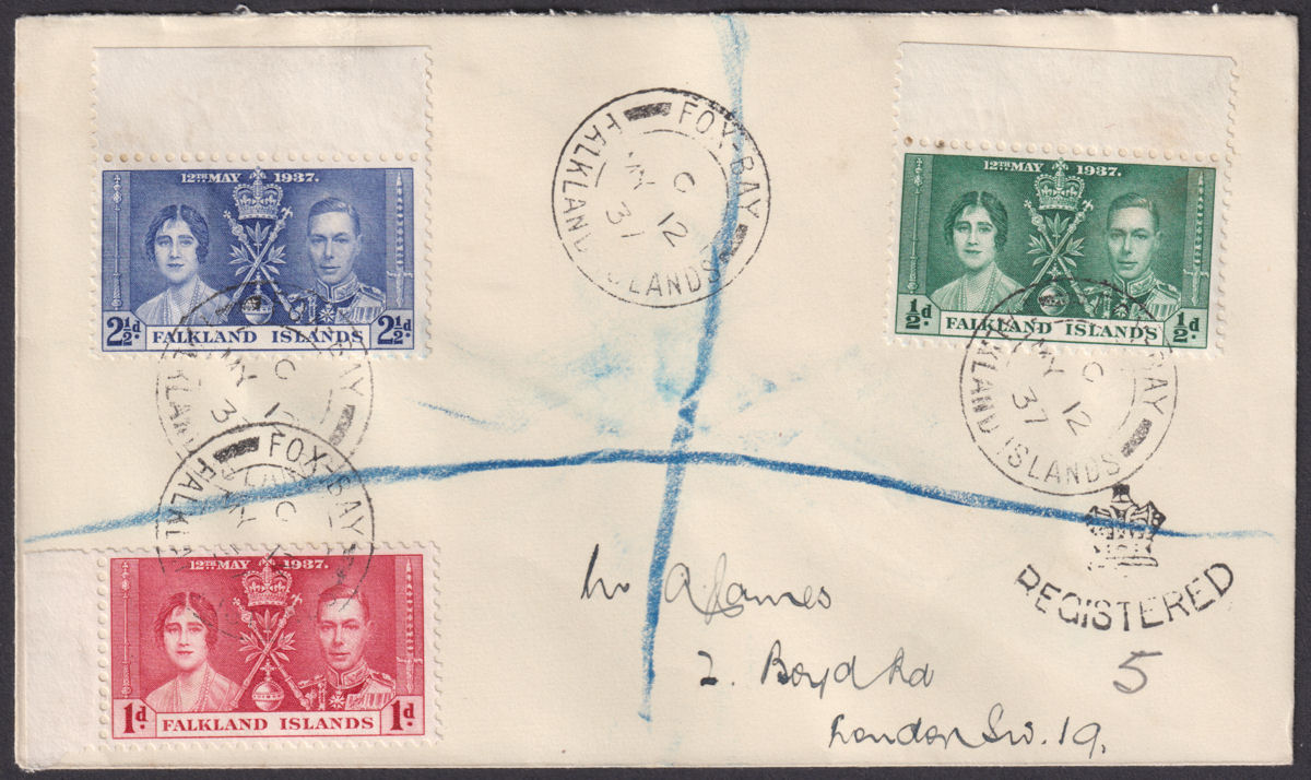 Falkland Islands 1937 KGVI Coronation Registered First Day Cover Used FOX BAY