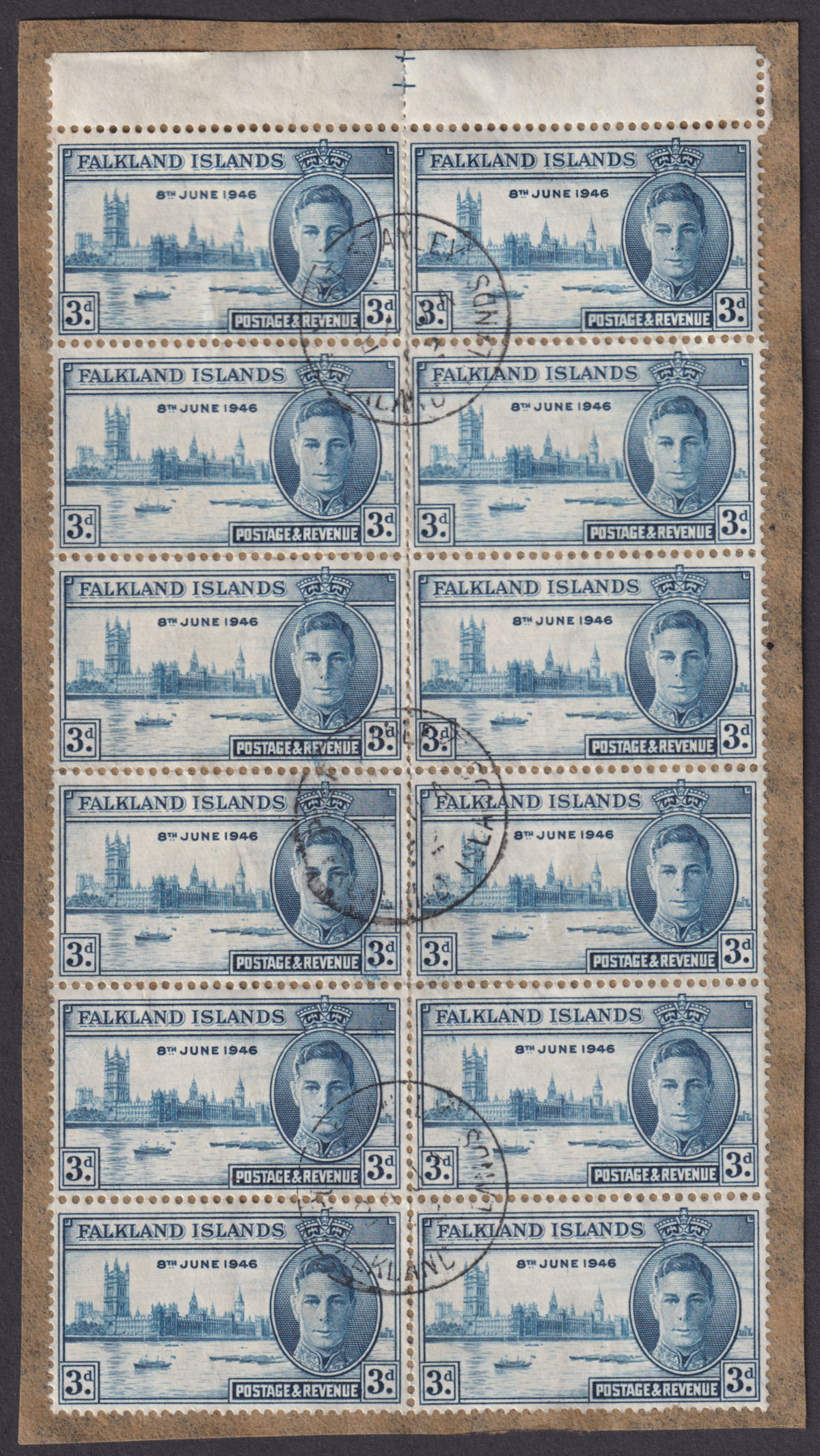 Falkland Islands 1946 KGVI Victory 3d Block of 12 Used on Piece