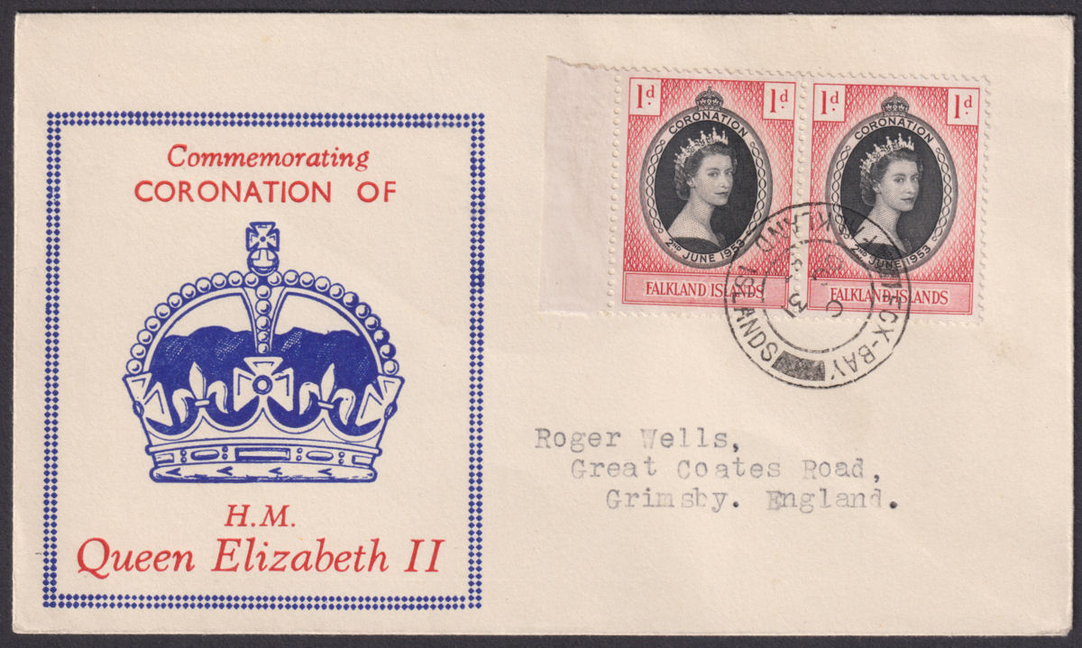 Falkland Islands 1953 QEII Coronation 1d x2 Commemorative Cover FOX BAY Postmark