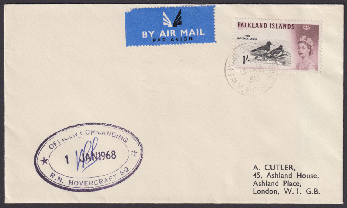 Falkland Islands 1968 QEII 1sh Used on RN HOVERCRAFT Cover w Port Stanley Pmk