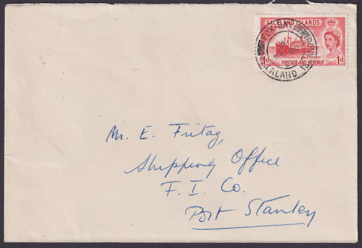 Falkland Islands 1957? QEII 1d Used on Cover to Port Stanley w FOX BAY Postmark