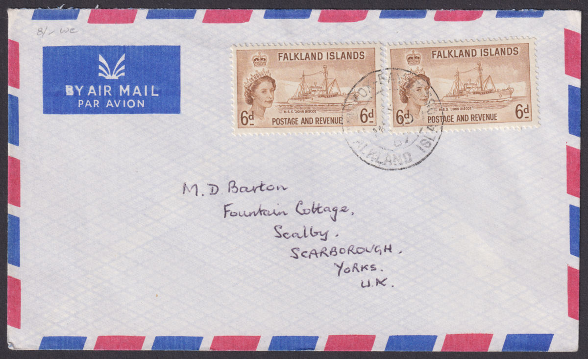Falkland Islands 1957 QEII 6d x2 Used on Cover to UK with FOX BAY Postmark